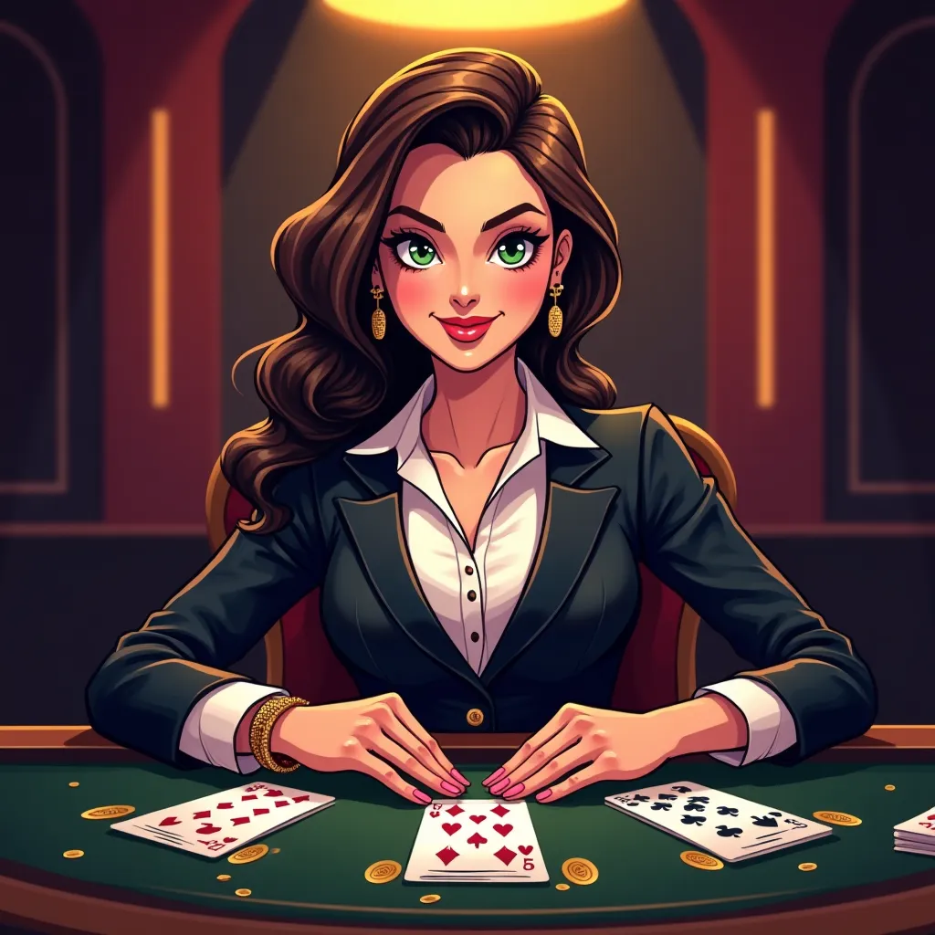 Cartoon live dealer casino table with neon lights